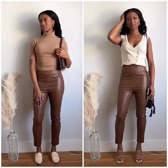 NWT ZARA CAMEL FAUX LEATHER LEGGING PANTS Size L - Picture 4 of 9